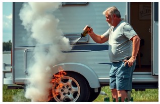 Ein Mann löscht brennende Reifen mit einer Flasche Bier